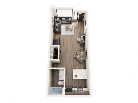 Floor plan for 1 bed, 1 bath, 598 sqft
